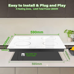 GIONIEN Plaque à Induction 4 Foyers 60cm Blanc,16Amp Plaque à Induction Encastrable,Table de cuisson électrique intégrée avec zone de pont, Table de cuisson,2800W