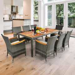 Salon de Jardin avec 1 Table et 8 Chaises en Bois et Rotin Synthétique Anti-UV Pieds Réglables et Coussins Imperméables Inclus