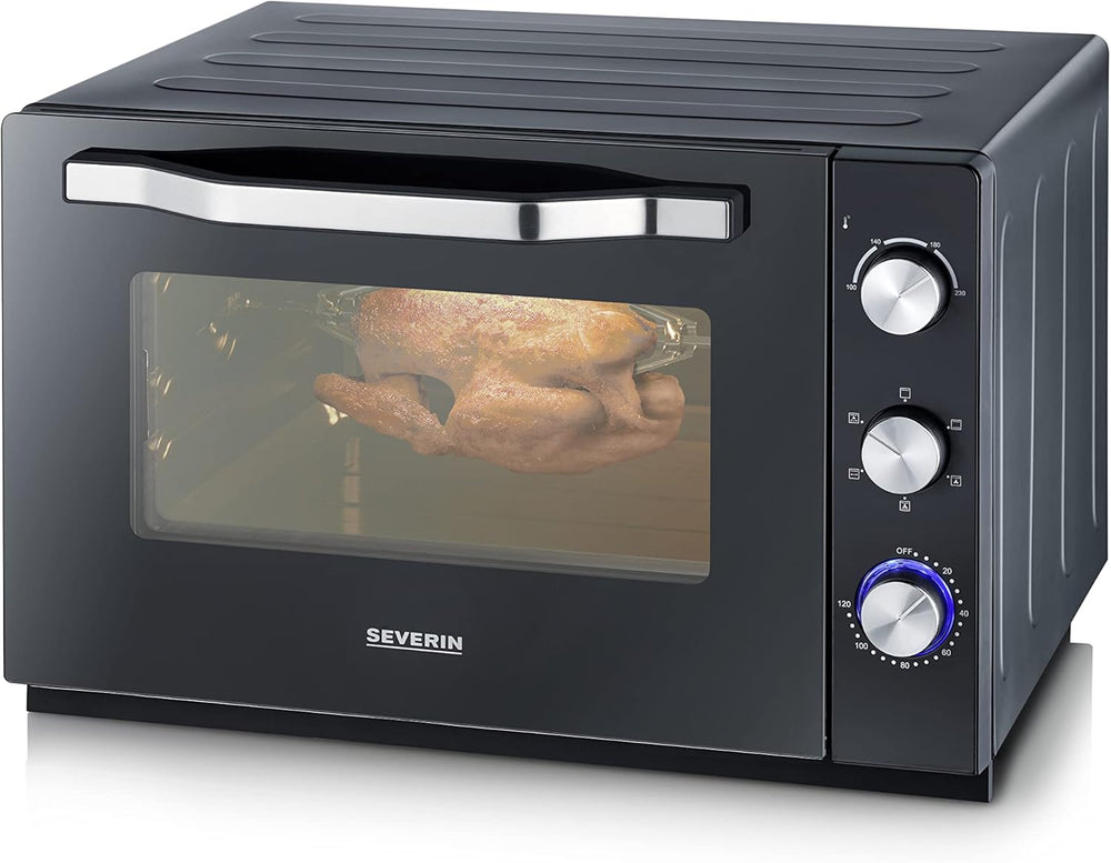 SEVERIN Mini-Four à chaleur tournante 42 L avec pierre à pizza et tournebroche, Four posable 1 800 W design élégant, électrique avec minuteur 120 min, Noir/Inox, TO 2058