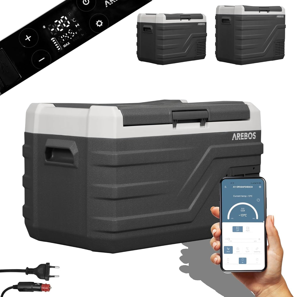 Arebos Glacière compresseur 26 l | Glacière électrique avec application et contrôle intelligent | Réfrigérateur mobile avec port USB | jusqu'à -20 °C | 12/24 V 230 V | Pour voiture, camion, camping,