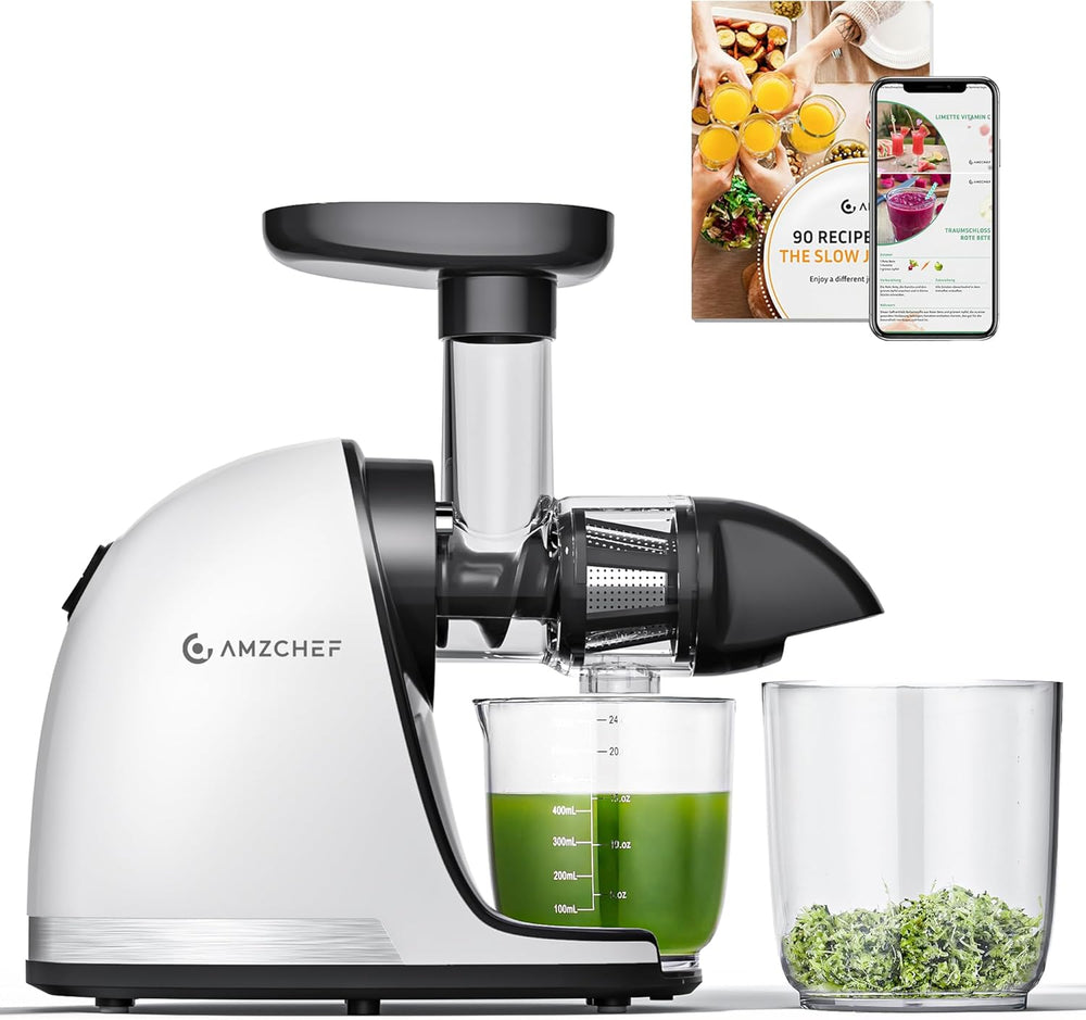 AMZCHEF Extracteur Jus - Extracteur de Jus de Fruits et Légumes - Presses-agrumes à Froid sans BPA avec 2 Tasses et Brosse - Fonction de Mastication Inversée pour Éviter les Blocages - Argent