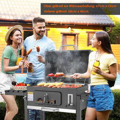 Barbecue Charbon de Bois XL, Chariot à Barbecue, Grill XL à Charbon avec Couvercle, Roues et Thermomètre, Réglable en Hauteur, Grand Barbecue au Charbon de Bois, pour Camping et Jardin, Noir