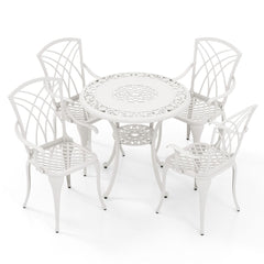 5 Pcs Salon de Jardin en Fonte d'Aluminium Trou pour Parasol Repose-pieds Réglables Ensemble de Table Ronde et 4 Chaises Blanc