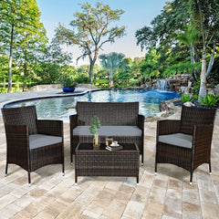Salon de Jardin 4 PCS Mobilier de Terrasse en Rotin PE pour Véranda Patio Terrasse Piscine Marron et Gris