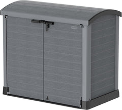 Duramax StoreAway 1200L Plastic Garden Shed/ Flat Lid, Outdoor Storage Shed, Wheelie Bin Hideaways, Wheelie bin box, Durable Construction, Ideal for Bikes, BBQs & 2x 240L Bins, 145x85x125 cm, Brown