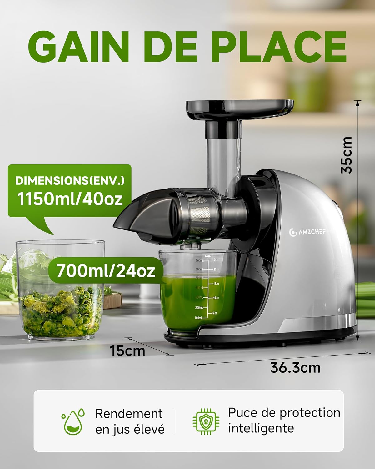 AMZCHEF Extracteur Jus - Extracteur de Jus de Fruits et Légumes - Presses-agrumes à Froid sans BPA avec 2 Tasses et Brosse - Fonction de Mastication Inversée pour Éviter les Blocages - Argent