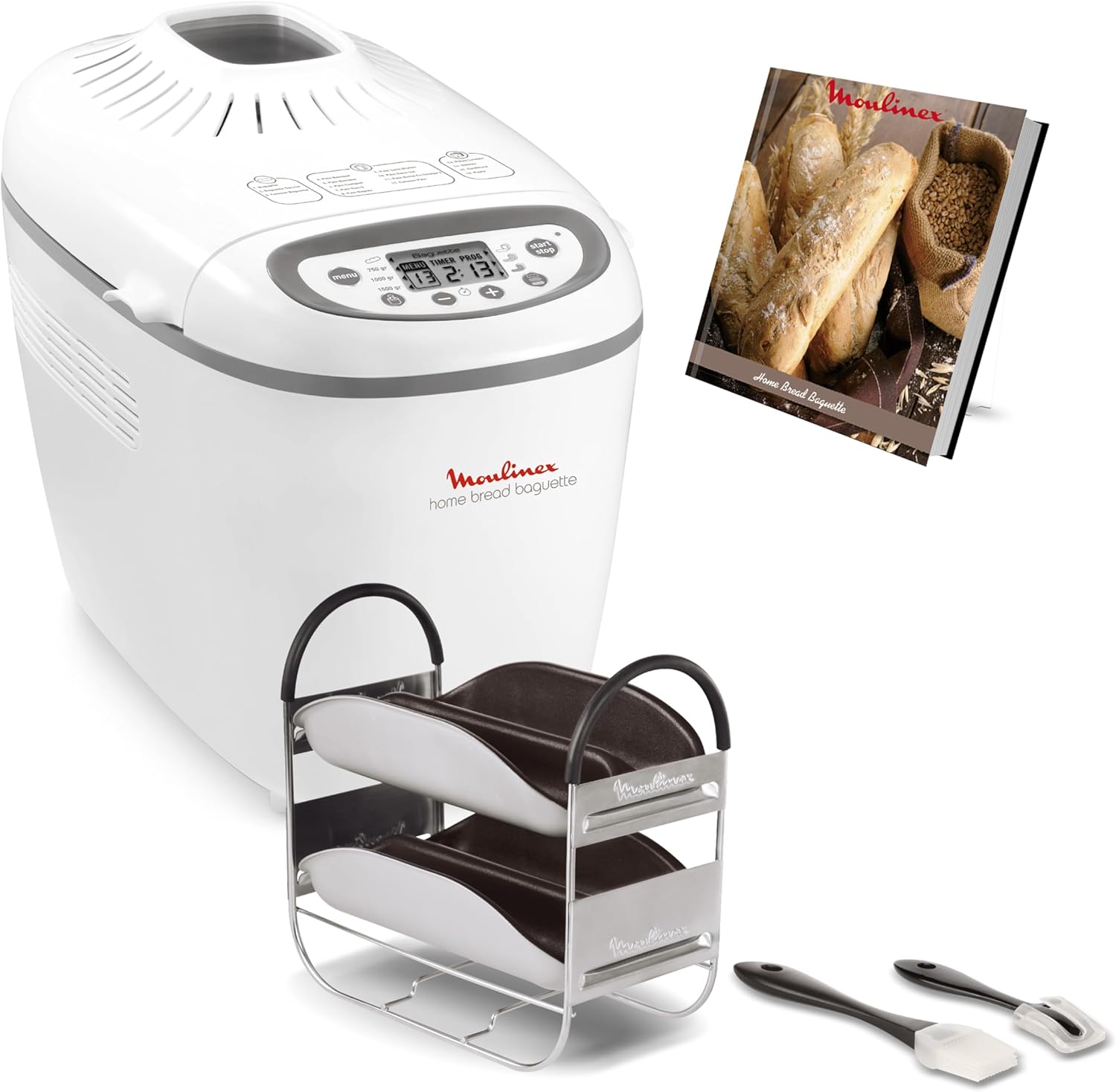 Moulinex Home Bread Baguette Machine à petits pains, 16 programmes, Résultats homogènes, Jusqu'à 1,5 kg de pain frais, Plaques croustillants, 3 niveaux de dorage OW610110, Blanc