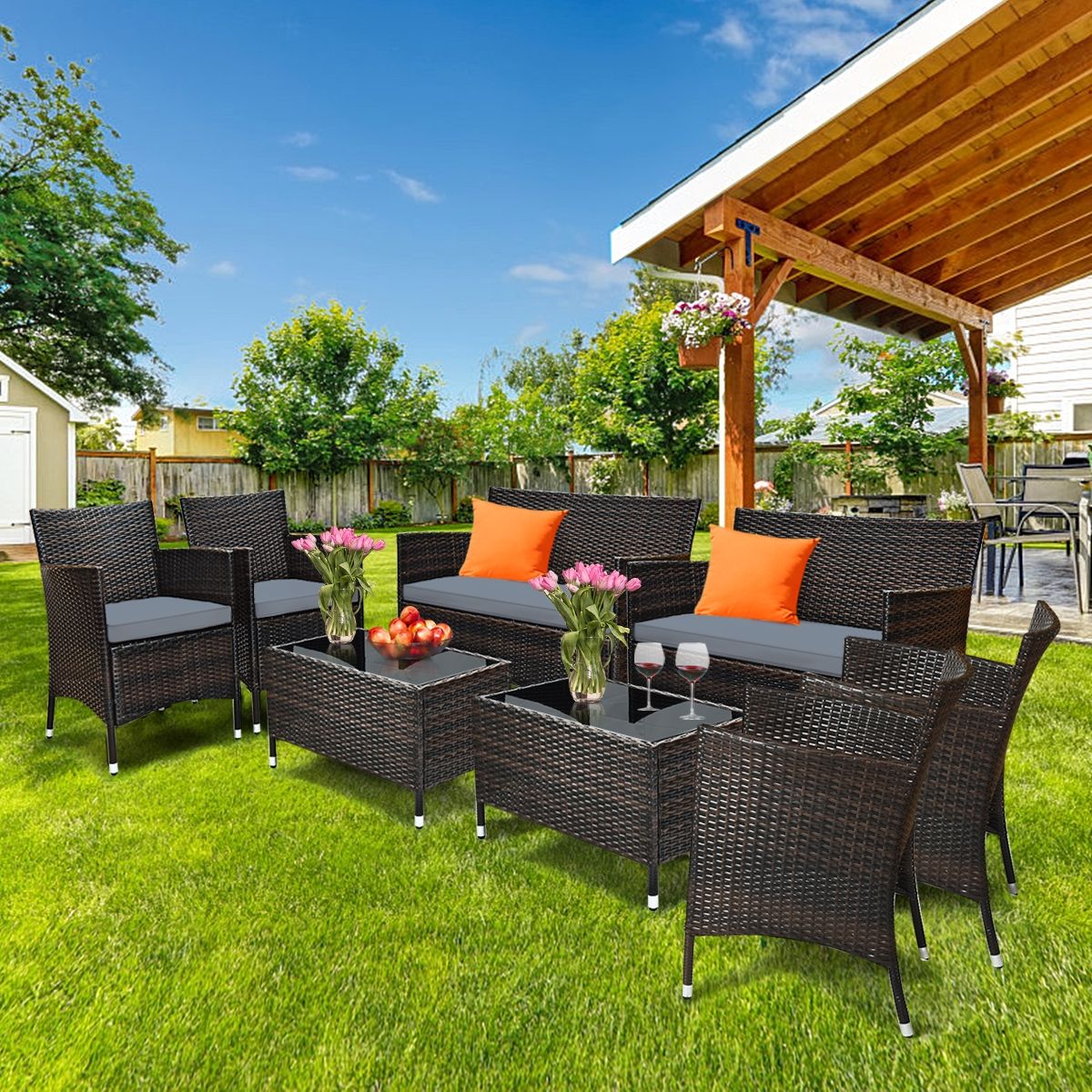 Salon de Jardin 4 PCS Mobilier de Terrasse en Rotin PE pour Véranda Patio Terrasse Piscine Marron et Gris