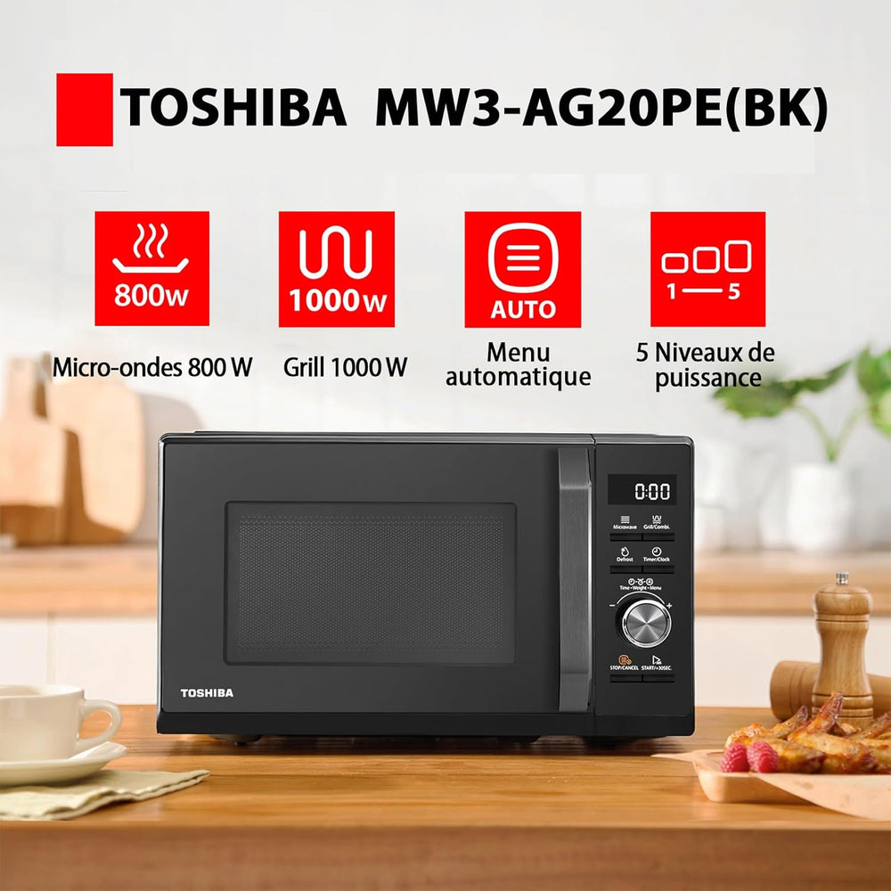 Toshiba Micro-ondes 20L MW2-MM20P(BK), Micro-ondes sur Pied, 800W, 5 Niveaux de Puissance, avec Décongélation Facile, éclairage LED à l'intérieur, Noir