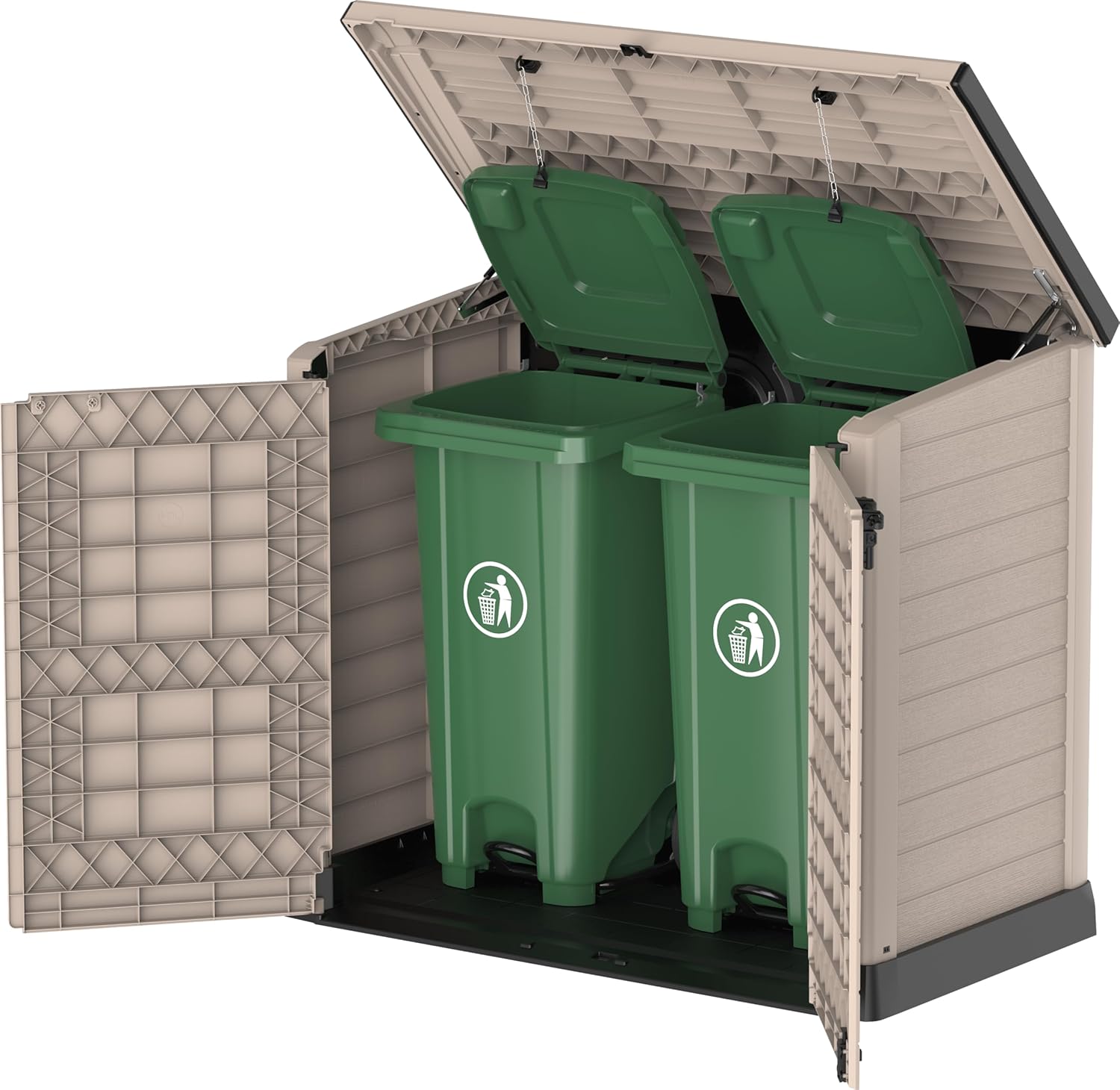 Duramax StoreAway 1200L Plastic Garden Shed/ Flat Lid, Outdoor Storage Shed, Wheelie Bin Hideaways, Wheelie bin box, Durable Construction, Ideal for Bikes, BBQs & 2x 240L Bins, 145x85x125 cm, Brown