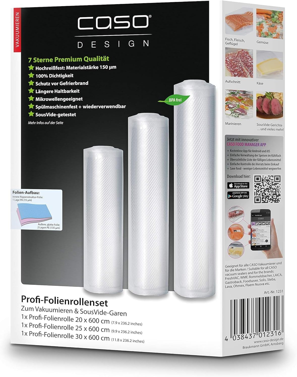 Caso FastVac 500, Professional Commercial Vacuum Sealer, Stainless Steel, Double Piston Pump, 15 Litres/Minute, Includes 2 Free Foil Rolls