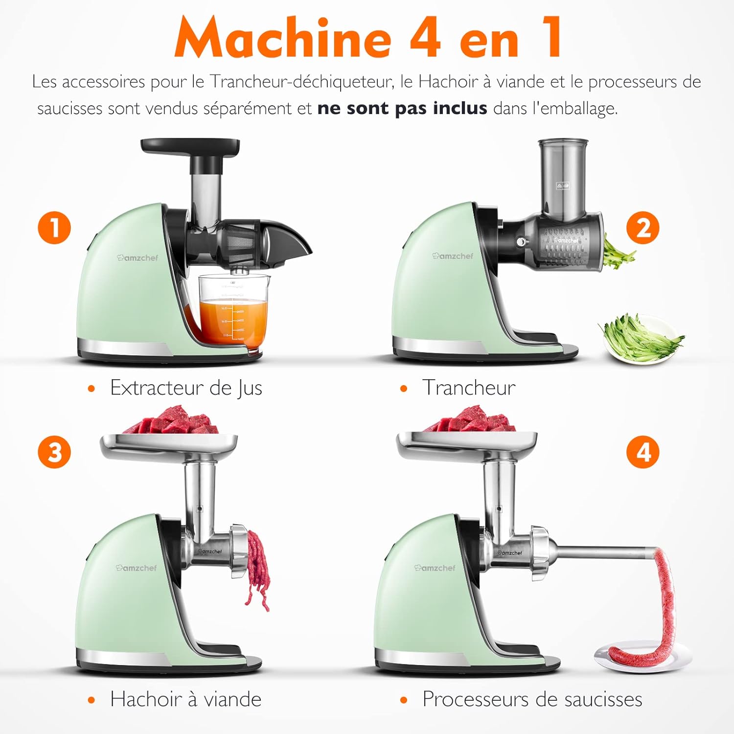 AMZCHEF Extracteur Jus - Extracteur de Jus de Fruits et Légumes - Presses-agrumes à Froid sans BPA avec 2 Tasses et Brosse - Fonction de Mastication Inversée pour Éviter les Blocages - Argent