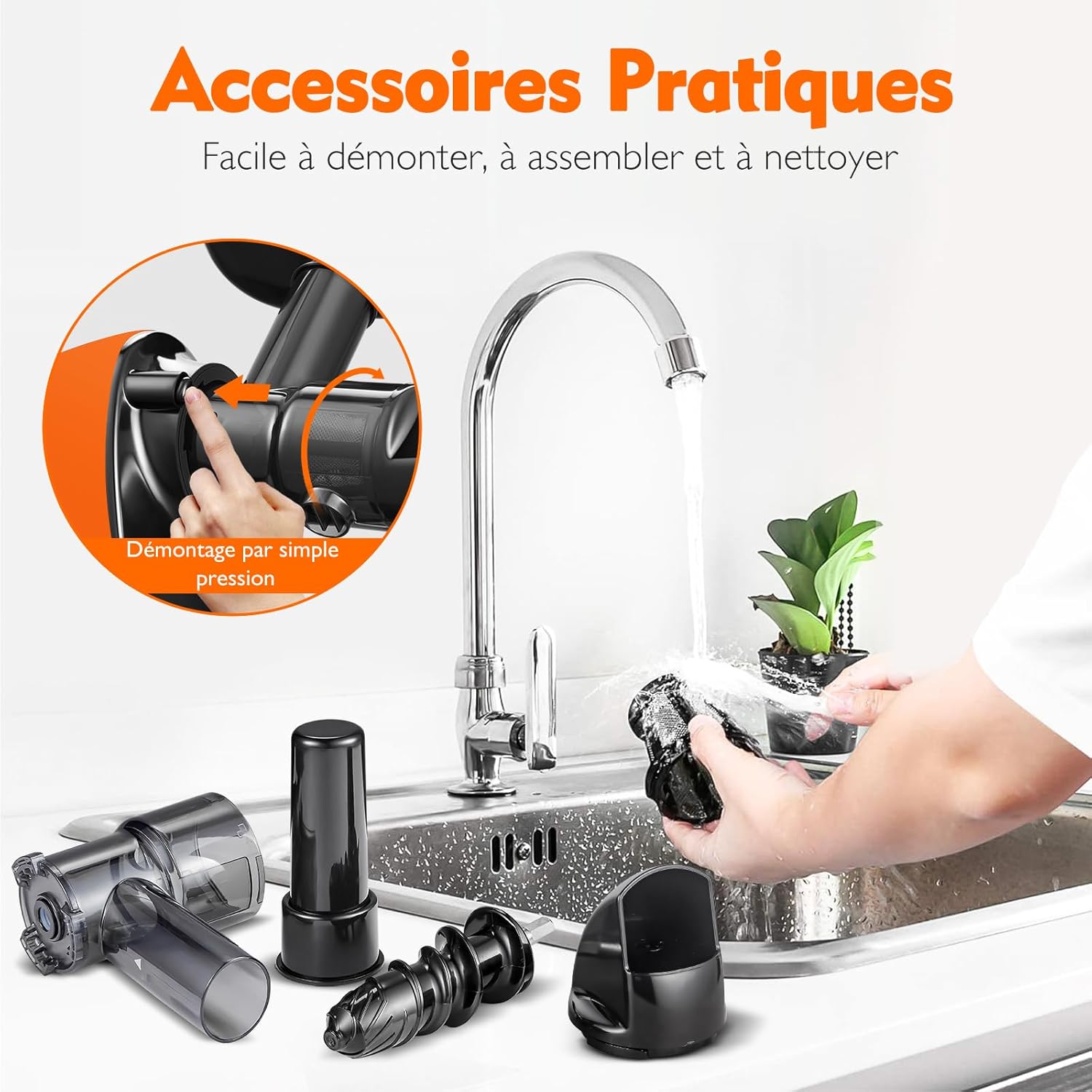 AMZCHEF Extracteur Jus - Extracteur de Jus de Fruits et Légumes - Presses-agrumes à Froid sans BPA avec 2 Tasses et Brosse - Fonction de Mastication Inversée pour Éviter les Blocages - Argent