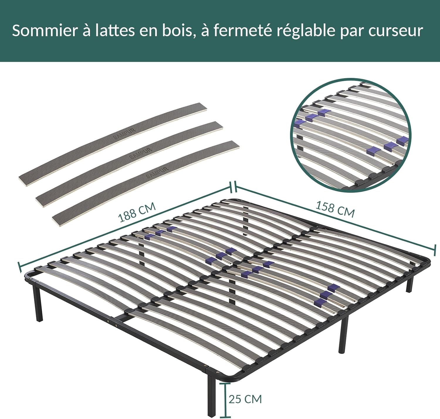 SAMPUR - Essential bed base 140 x 200 cm | Durable and comfortable | Feet included | Adjustable slats | Epoxy lacquered metal frame | Quick and easy assembly