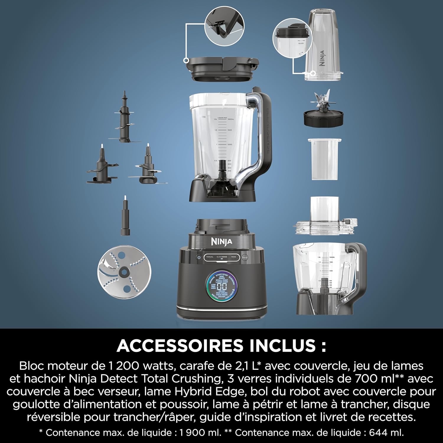Ninja Detect Power Blender Pro & Single Serve 2-in-1, 1200W Blender with 2L Container, 2 Individual Cups, Blender for Smoothies and Iced Drinks, Vegetable Chopping, Black, TB301EU