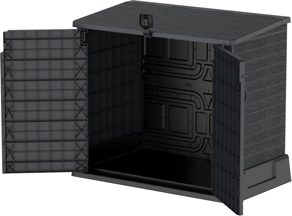 Duramax StoreAway 1200L Plastic Garden Shed/ Flat Lid, Outdoor Storage Shed, Wheelie Bin Hideaways, Wheelie bin box, Durable Construction, Ideal for Bikes, BBQs & 2x 240L Bins, 145x85x125 cm, Brown
