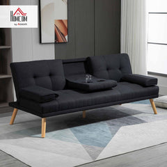 HOMCOM Canapé Convertible 3 Places Design scandinave Inclinaison Dossier réglable 3 Niveaux Dossier Centrale Rabattable 2 Porte-Verres Bois Massif Lin Gris
