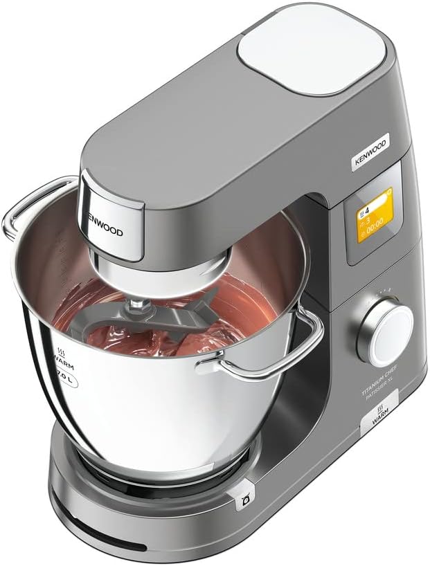 Kenwood Titanium Chef Patissier XL KWL90.034SI, Robot Patissier Balance Intégrée, Batteur K, Pétrin, Fouet, Batteur Souple, Deux Bols, Couvercle Anti-Projections, 1400W, Acier, Argent