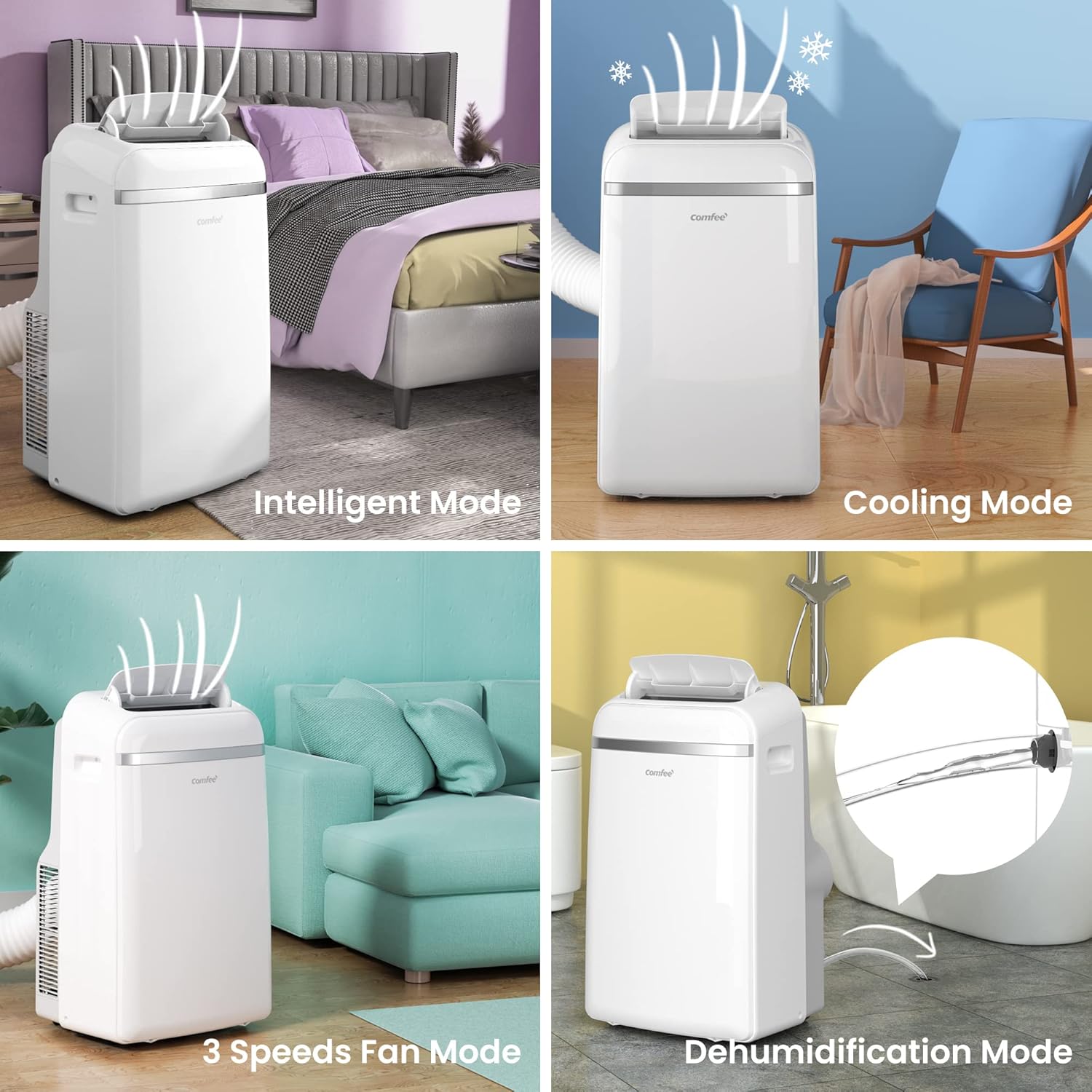 COMFEE' Climatiseur Mobile 9000 BTU/h 2,6kW, 3-EN-1 Refroidisseur Déshumidificateur Ventilateur, Fonction Follow me, Minuterie, Mode nuit, Pour salon et maison de 33㎡/88m³, MPPH-09CRN7, R290