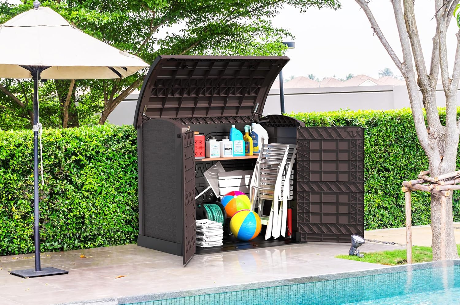 Duramax StoreAway 1200L Plastic Garden Shed/ Flat Lid, Outdoor Storage Shed, Wheelie Bin Hideaways, Wheelie bin box, Durable Construction, Ideal for Bikes, BBQs & 2x 240L Bins, 145x85x125 cm, Brown
