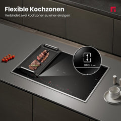 GASLAND IH774BFB Plaque de Cuisson Induction encastrable 77 cm, 4 foyers avec cadre en inox, zone spéciale BBQ, PowerBoost, 7000W (Poêle non incluse)
