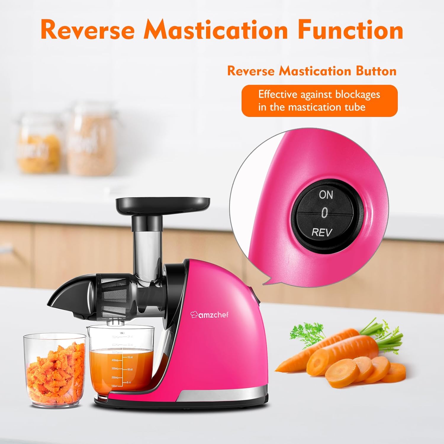 AMZCHEF Extracteur Jus - Extracteur de Jus de Fruits et Légumes - Presses-agrumes à Froid sans BPA avec 2 Tasses et Brosse - Fonction de Mastication Inversée pour Éviter les Blocages - Argent