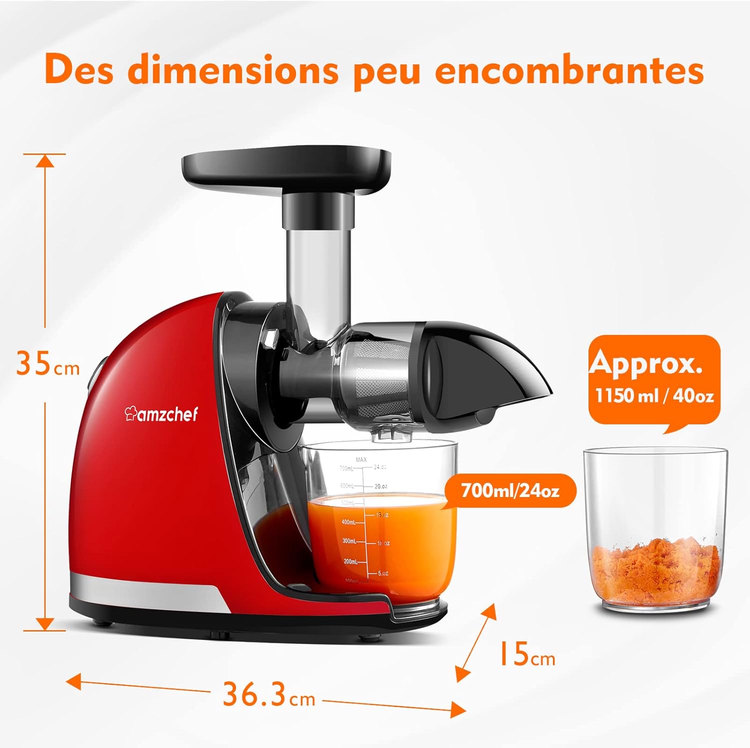 AMZCHEF Extracteur Jus - Extracteur de Jus de Fruits et Légumes - Presses-agrumes à Froid sans BPA avec 2 Tasses et Brosse - Fonction de Mastication Inversée pour Éviter les Blocages - Argent