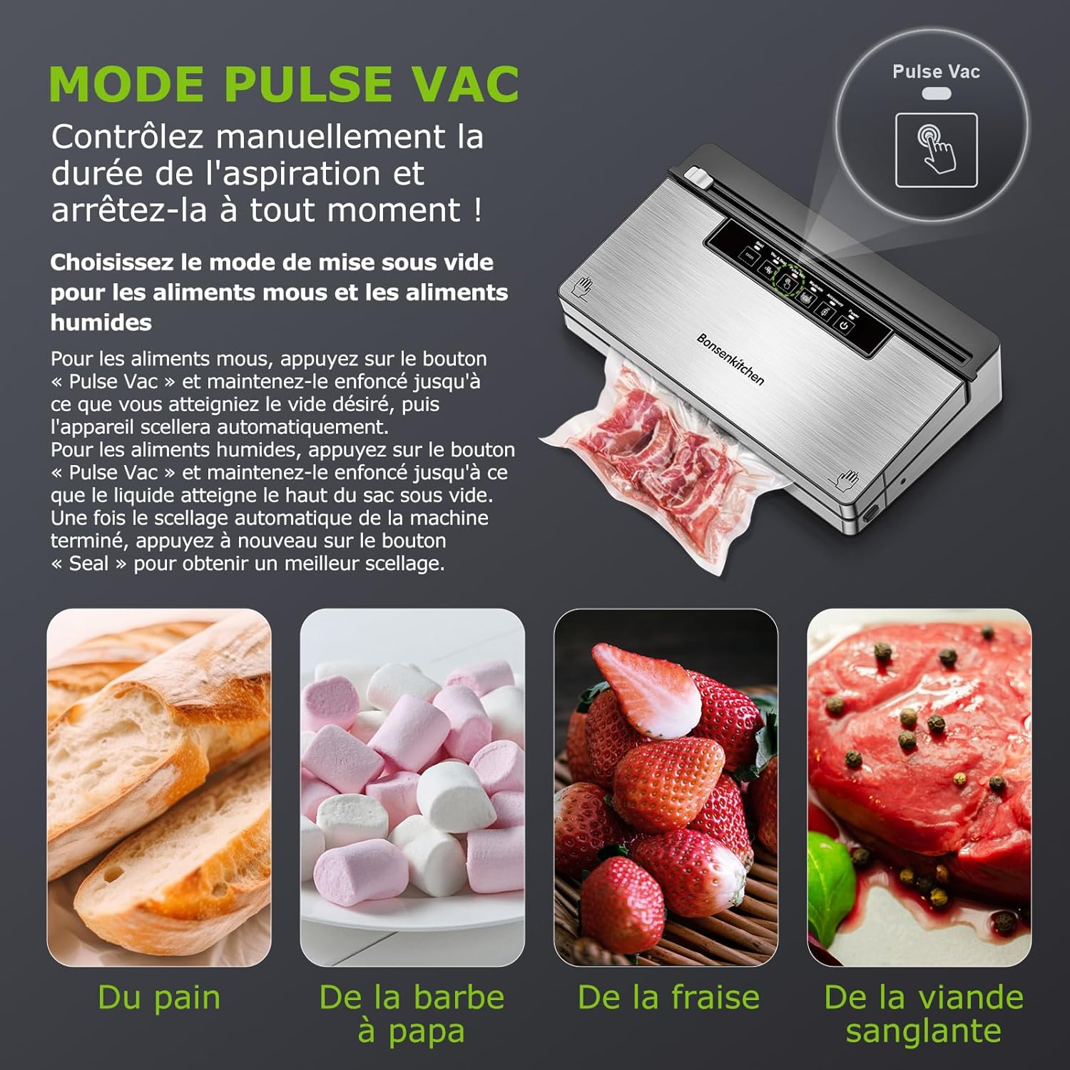 Bonsenkitchen Food Vacuum Sealer Machine, 5 Modes-8L/min, Globefish Technology for Continuous Work at High Speed, Includes 100 Vacuum Bags and 1 Roll Bag