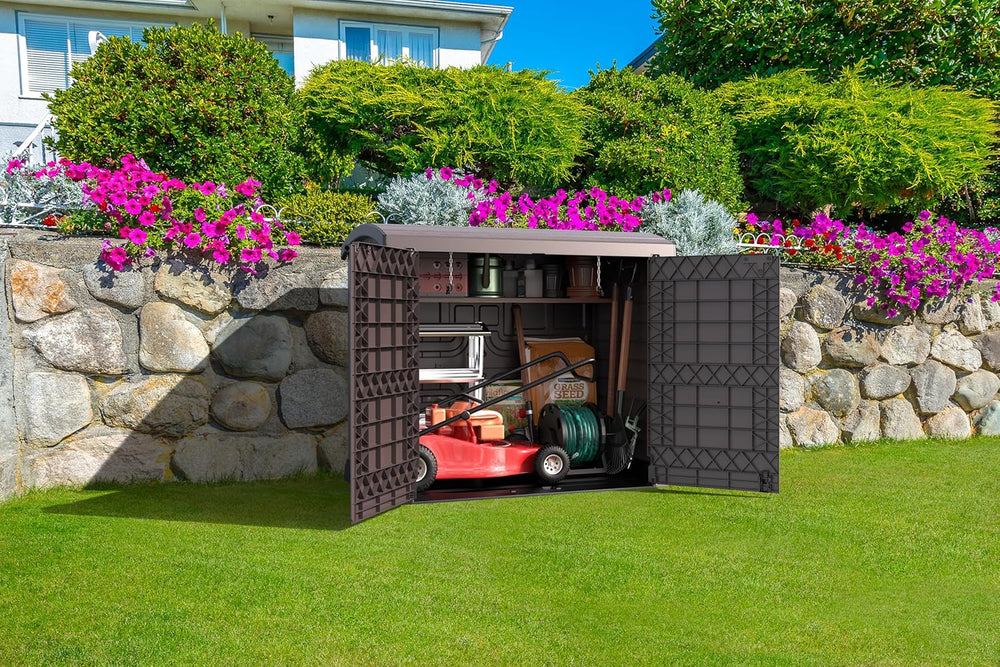 Duramax StoreAway 1200L Plastic Garden Shed/ Flat Lid, Outdoor Storage Shed, Wheelie Bin Hideaways, Wheelie bin box, Durable Construction, Ideal for Bikes, BBQs & 2x 240L Bins, 145x85x125 cm, Brown