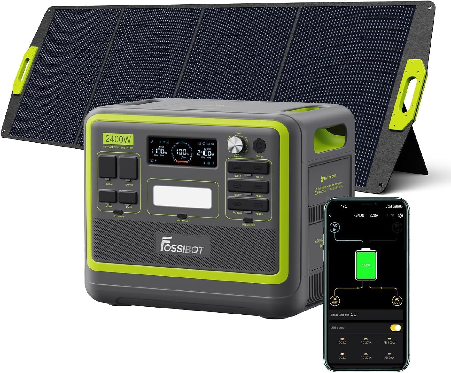 FOSSiBOT F2400 Station électrique portable CA 2400W (4800W Pic), Station Silencieux Solaire 2048Wh LiFePO4, Groupe Générateur Électrique Onduleur Alimentation de Secours à Domicile Camping