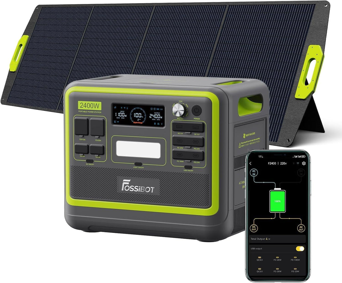 FOSSiBOT F2400 Station électrique portable CA 2400W (4800W Pic), Station Silencieux Solaire 2048Wh LiFePO4, Groupe Générateur Électrique Onduleur Alimentation de Secours à Domicile Camping