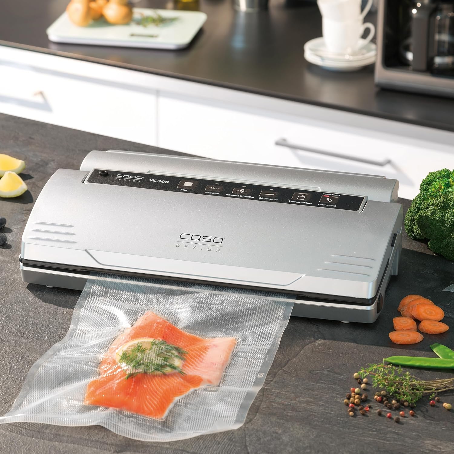 CASO VC300 Vacuum Sealer 8x Longer Freshness, Double Welding, Adjustable Vacuum Thickness, with Film Box, Cutter, 2 Rolls of Professional Film, Flexible