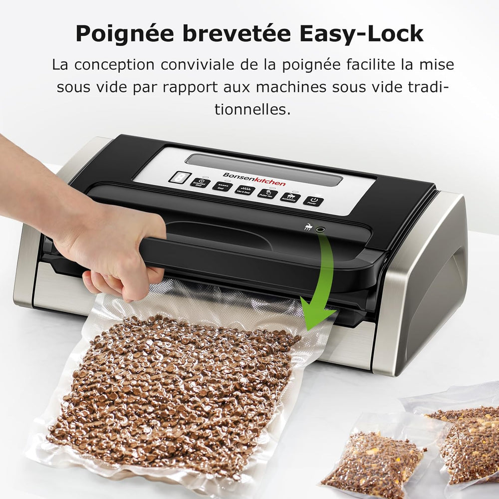 Bonsenkitchen Powerful and Quiet Food Vacuum Sealer with Globefish Technology for Continuous Work, Locked Handle Design, Integrated Cutter, 2 Rolls of Bags Included