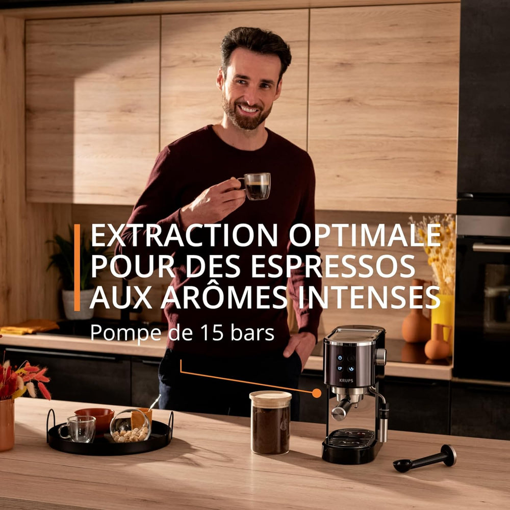 Krups Virtuoso+, Machine expresso, Machine a cafe à pompe, expresso machine a cafe moulu ou dosettes, 15 bars, Inox, Buse vapeur, Espresso et cappuccino, XP444G10