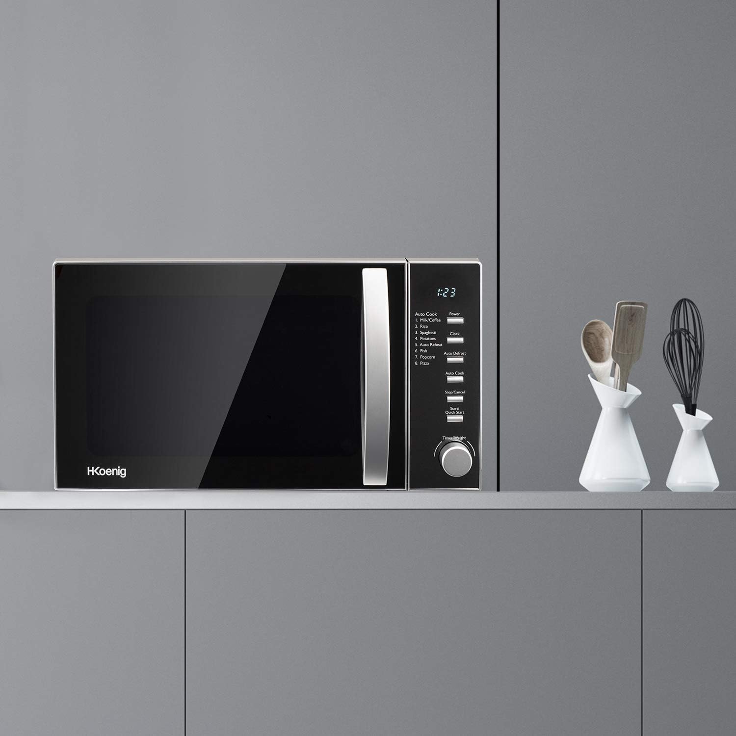 H.Koenig Four à Micro-ondes Compact Digital 20L VIO2, 700W, Plateau tournant 24,5cm, Multifonction Programmable 6 niveaux de chauffe, Décongélation et Express, Minuterie 60min, Effet mirroir noir