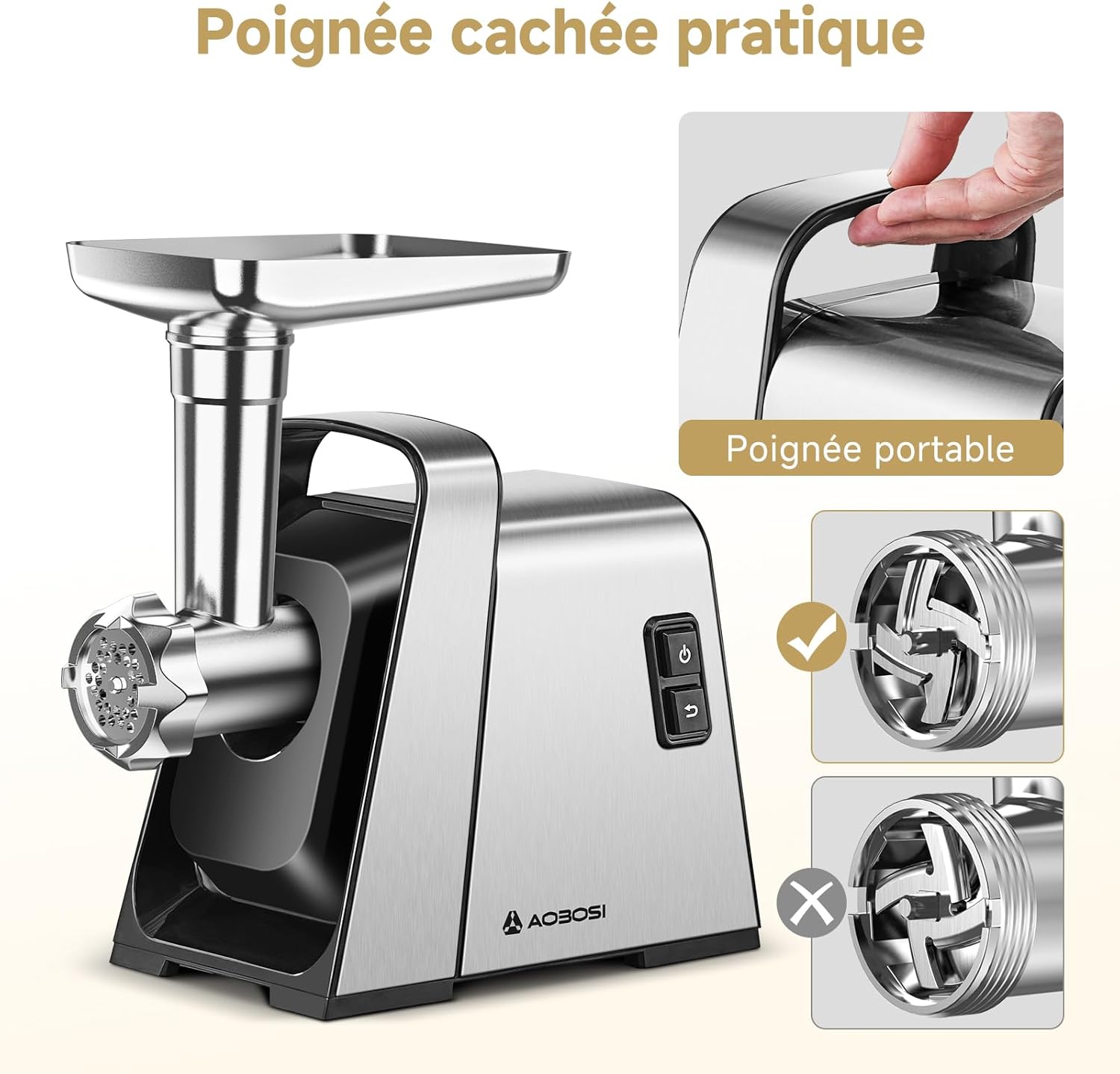 AOBOSI 4-in-1 Meat Grinder Electric Meat Grinder with 4 Stainless Steel Cutting Plates, 1 Kubbe and 3 Sausage Filling Tubes, Motor [3000w Max], Mincer with 2 Blades.