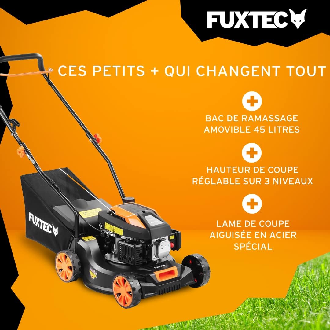FUXTEC Tondeuse thermique pousse FX-RM4646ECO - Tres bon rapport qualit-prix - Easy Clean 3en1 largeur de coupe 46cm - bac de ramassage 50L
