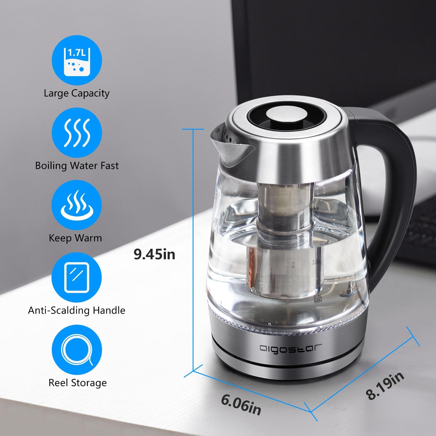 Aigostar Cris - Bouilloire en verre Température Réglable 2200W, 1.7L. Thermostat Réglable (60 à 100ºC) et fonction maintien au chaud, Filtre à thé amovible, éclairage LED de couleurs, Sans BPA.