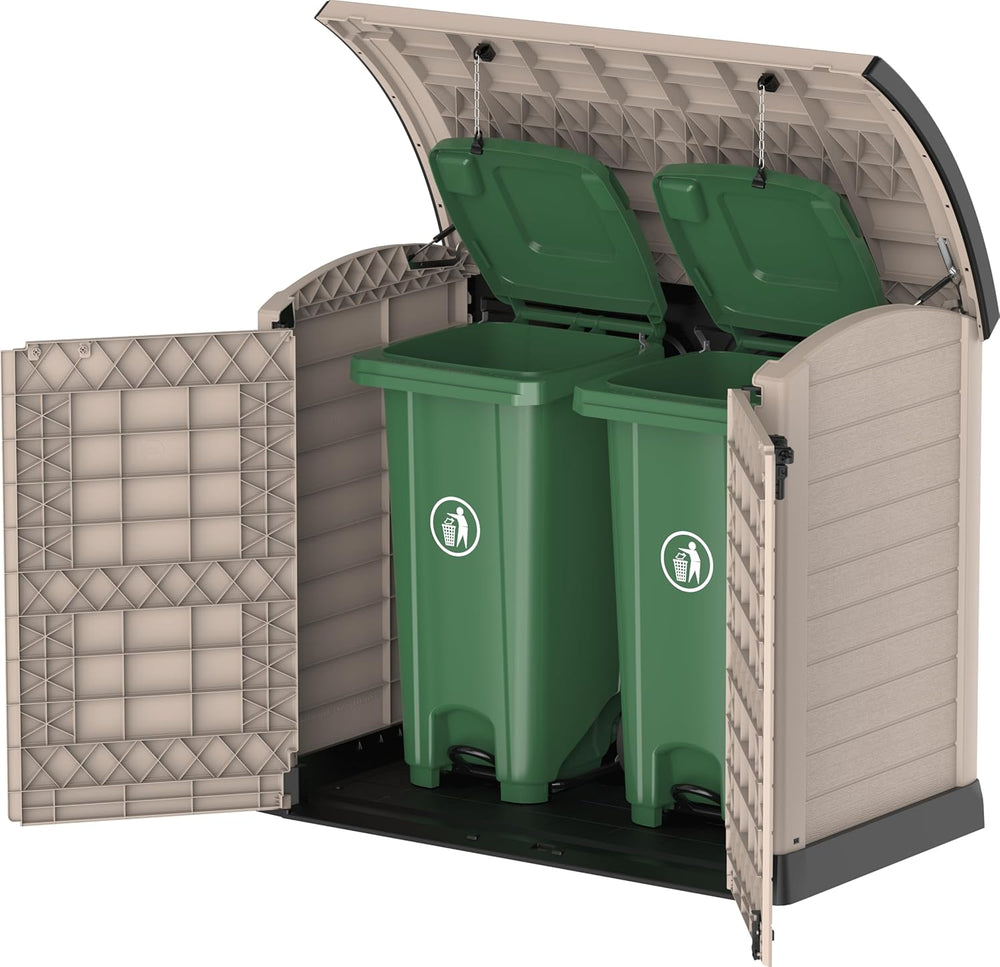 Duramax StoreAway 1200L Plastic Garden Shed/ Flat Lid, Outdoor Storage Shed, Wheelie Bin Hideaways, Wheelie bin box, Durable Construction, Ideal for Bikes, BBQs & 2x 240L Bins, 145x85x125 cm, Brown