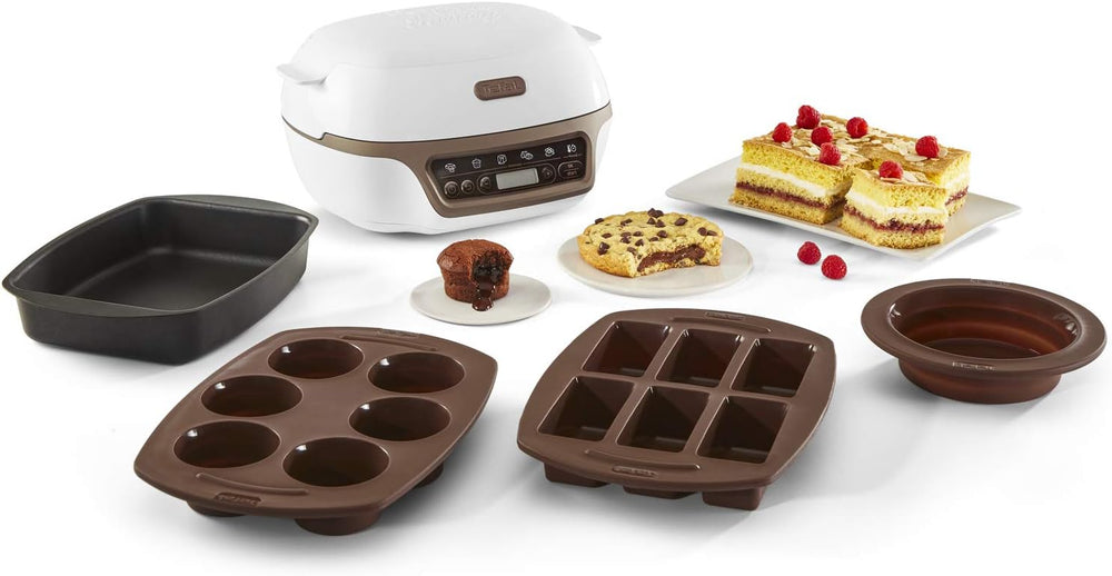 Tefal Machine à gâteaux, 5 programmes automatiques pour réglage, 1 mode manuel, 3 moules flexibles, 1 grand moule en acier revêtu, Compatible avec moules Crispybake, Cake Factory+ KD802112