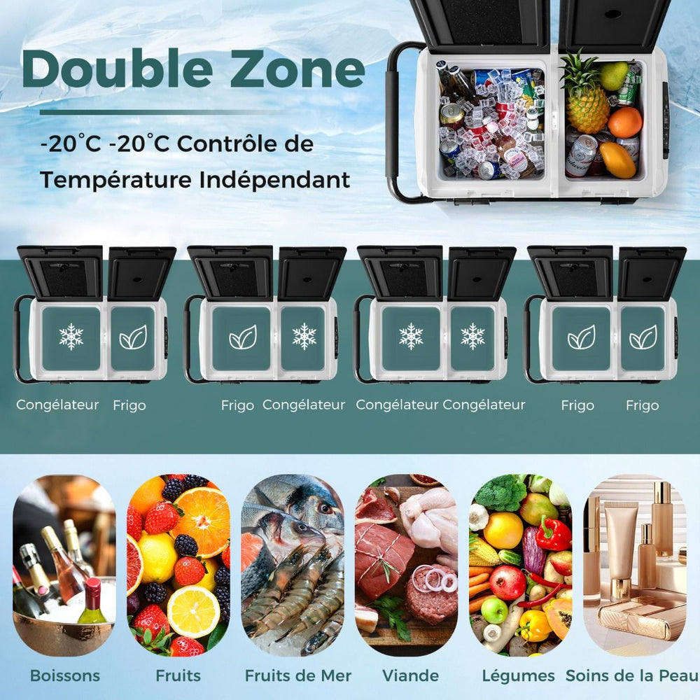 Glacière Électrique Portable Double Zone 40L Réfrigérateur de Voiture 12 V à Compresseur -20℃ ~ 2012/24V CC et 100-240V CA Noir -