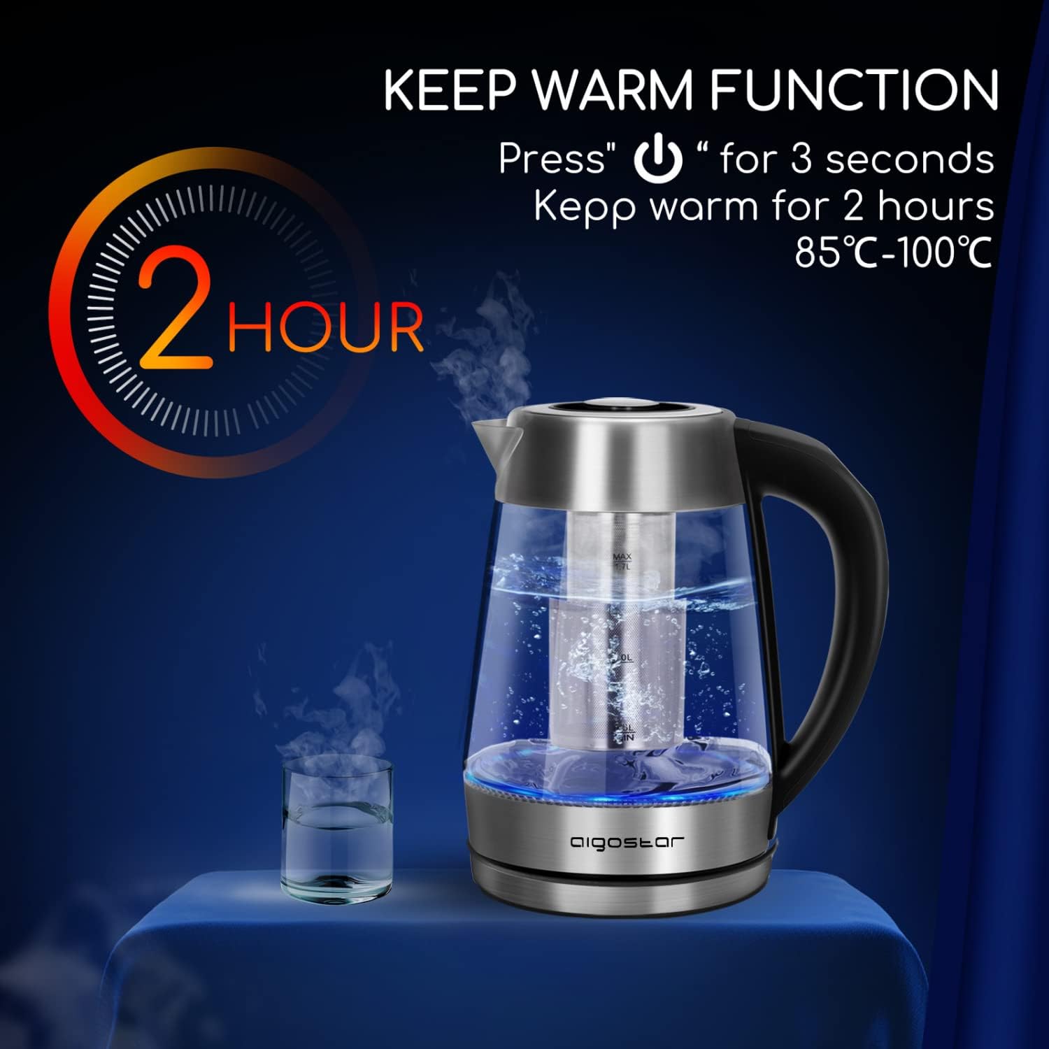 Aigostar Cris - Bouilloire en verre Température Réglable 2200W, 1.7L. Thermostat Réglable (60 à 100ºC) et fonction maintien au chaud, Filtre à thé amovible, éclairage LED de couleurs, Sans BPA.