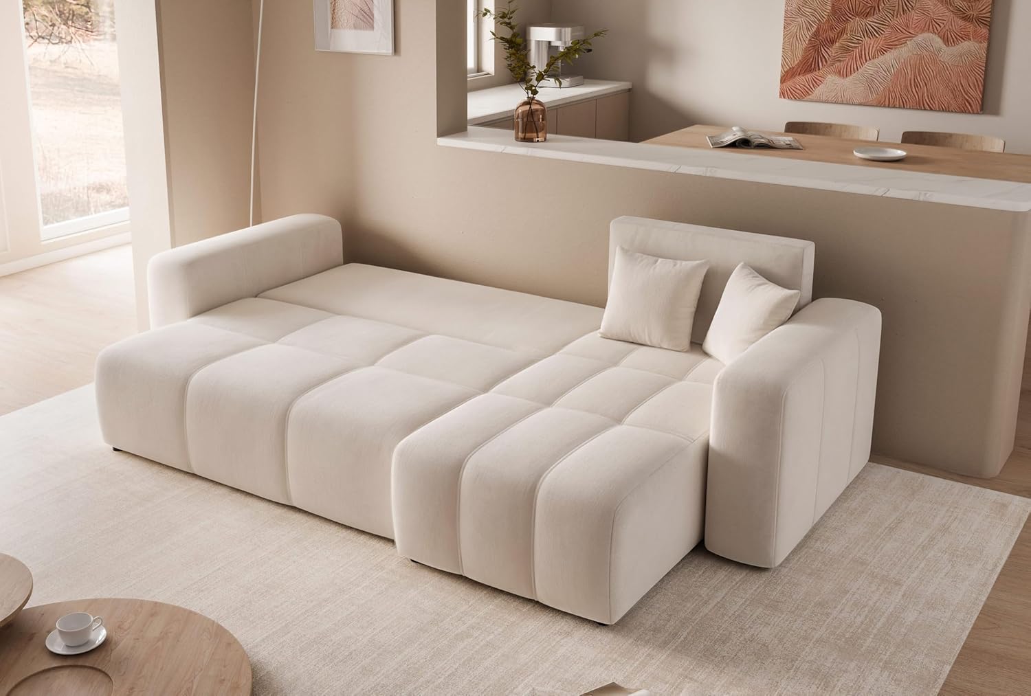 GREKPOL Canapé d'angle Convertible 145x248 à Gauche ou à Droite - Canapé 3 Places Convertible Beige avec Espace de Rangement