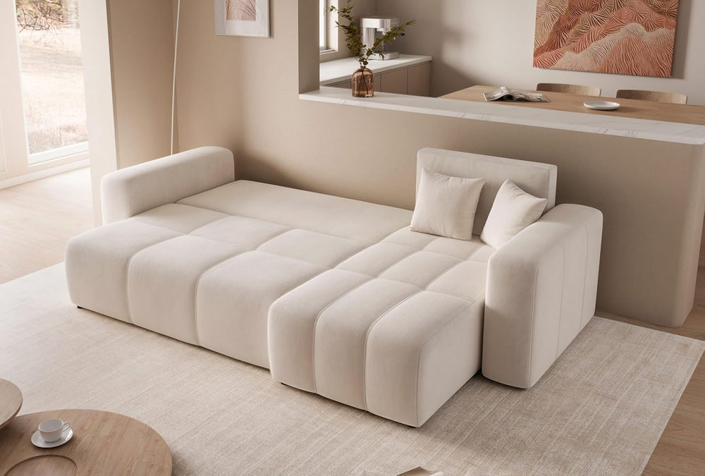 GREKPOL Canapé d'angle Convertible 145x248 à Gauche ou à Droite - Canapé 3 Places Convertible Beige avec Espace de Rangement