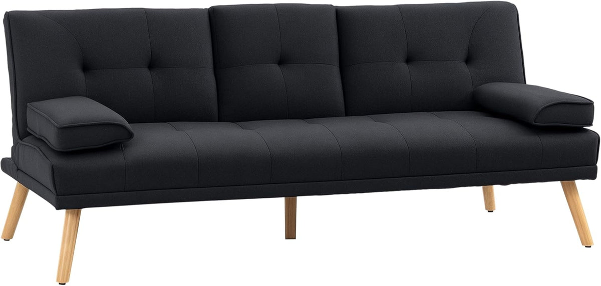 HOMCOM Canapé Convertible 3 Places Design scandinave Inclinaison Dossier réglable 3 Niveaux Dossier Centrale Rabattable 2 Porte-Verres Bois Massif Lin Gris