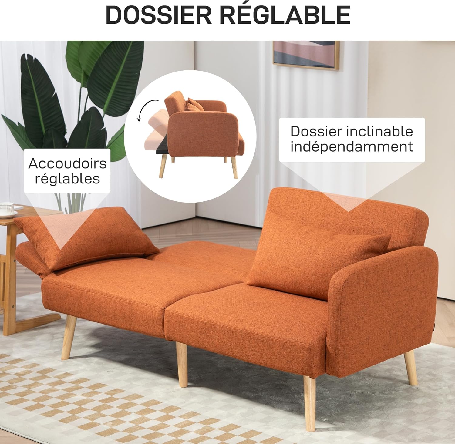 HOMCOM Canapé Convertible 3 Places, canapé-lit 2 Places, Dossier inclinable et accoudoirs réglables, canapé clic clac en Tissu Effet Lin, Pieds en Bois Massif, 2 Coussins lavables, Marron