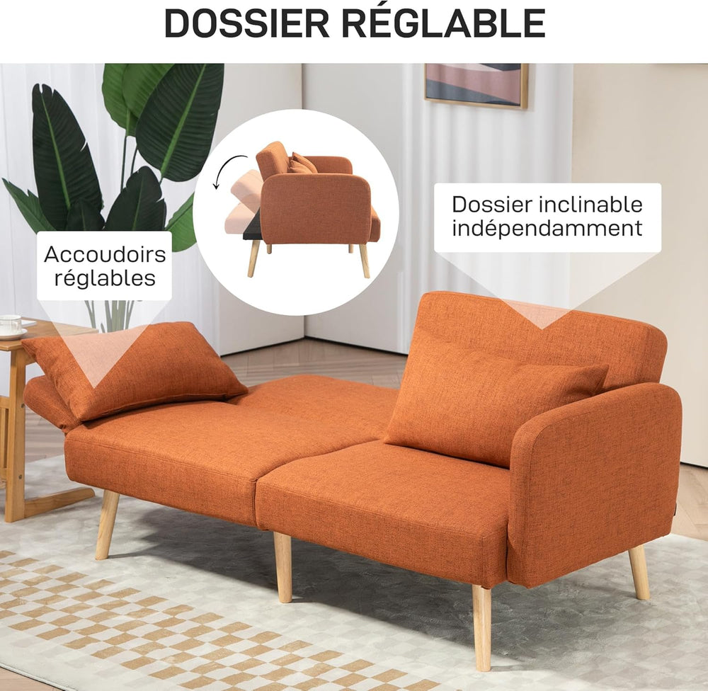 HOMCOM Canapé Convertible 3 Places, canapé-lit 2 Places, Dossier inclinable et accoudoirs réglables, canapé clic clac en Tissu Effet Lin, Pieds en Bois Massif, 2 Coussins lavables, Marron