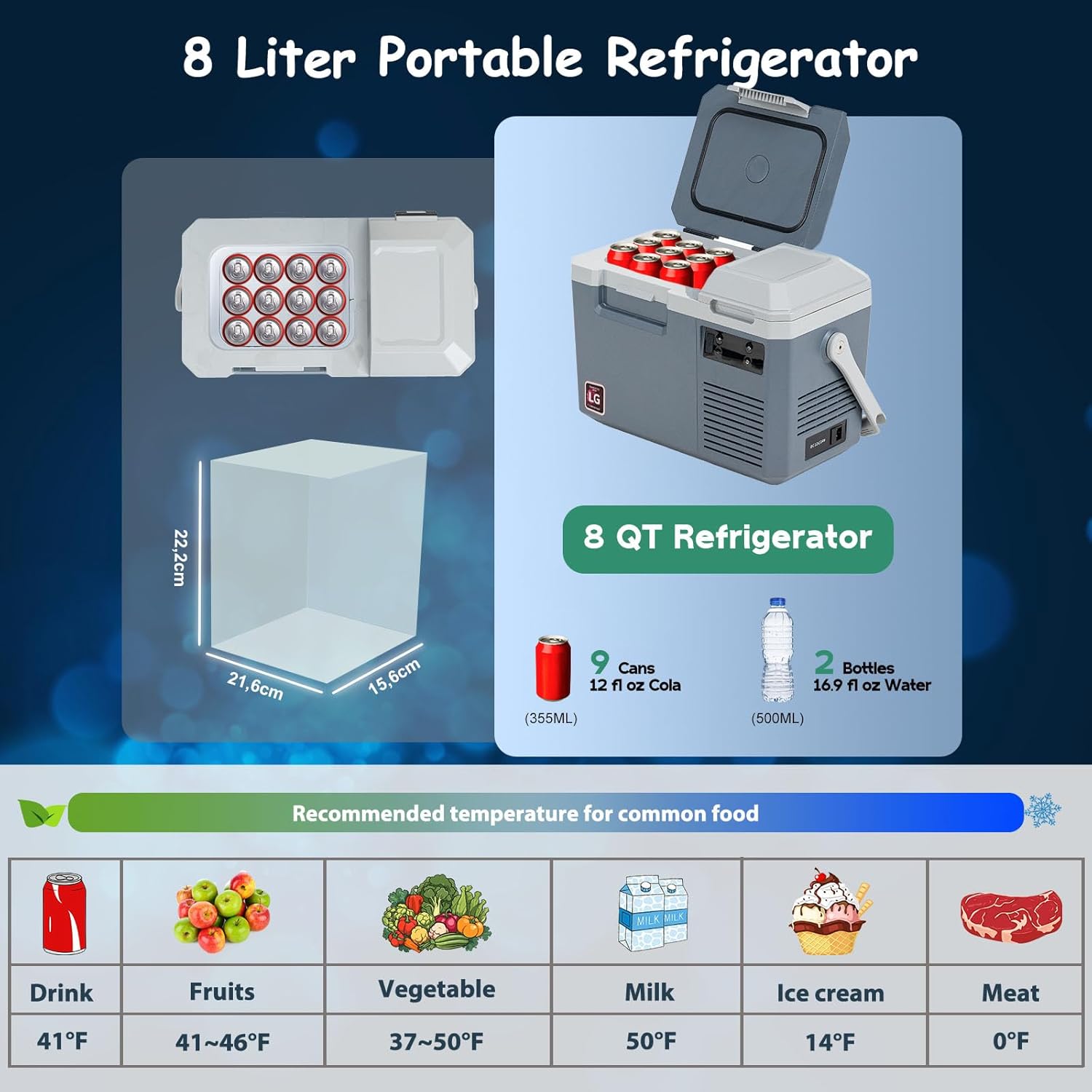 Alpicool LGMP8 8L Glaciere Portable Réfrigérateur Voiture Camping Congélateur 12/24V Mini Frigo pour Maison, Bureau ou Pique-Nique en Plein Air/ -20 à 20℃(Batterie Non Incluse)