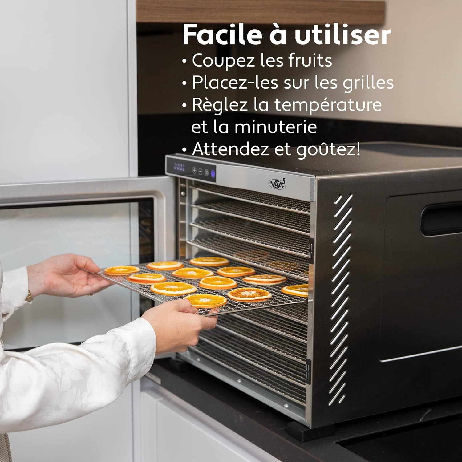 Vita5 Nobel Pro6 Deshydrateur Alimentaire avec 6 Plateaux en Inox - Déshydrateur avec Minuterie 24h et Température 35-75 °C - Deshydrateur Viande, Fruits, Champignons - 650W Déshydrateur Alimentaire