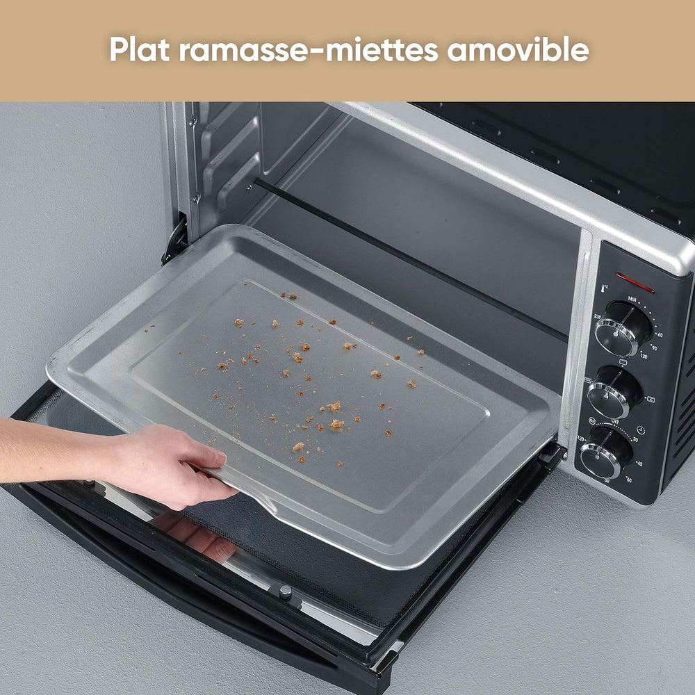 SEVERIN Mini-Four à chaleur tournante 42 L avec pierre à pizza et tournebroche, Four posable 1 800 W design élégant, électrique avec minuteur 120 min, Noir/Inox, TO 2058